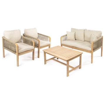 4-Piece Acacia Wood Outdoor Patio Set, Cushions, Tropical Decorative Pillows