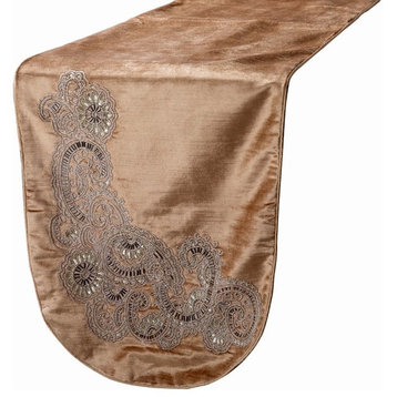 Velvet Table Runner Gold Fabric with Bead Embroidery 14" x 120"-Paisley Swirl