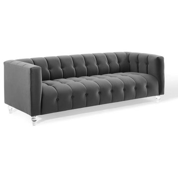 Mesmer Channel Tufted Button Performance Velvet Sofa, Charcoal