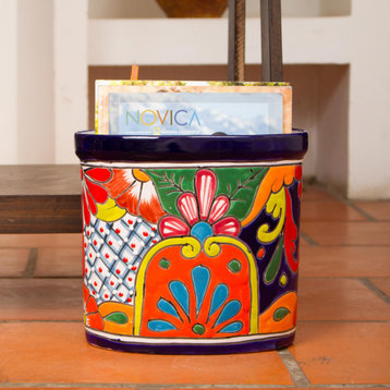 Novica Handmade Talavera Collector Ceramic Waste Bin