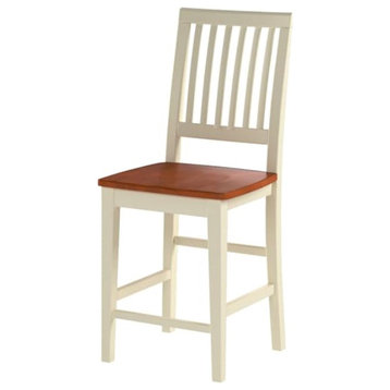 Set of 2 Classic Counter Stool, Wooden Seat With Slatted Backrest, Buttermilk