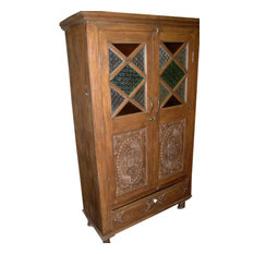 Mogul Interior - Consigned India Cabinet Carvings Wooden Armoire Beautiful Hand Made Furniture - Armoires and Wardrobes