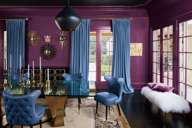 Inspiration for a large eclectic dark wood floor and brown floor enclosed dining room remodel in Los Angeles with pink walls and no fireplace