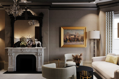 Mid-sized elegant formal carpeted, beige floor, wallpaper ceiling and wallpaper living room photo in Boston with beige walls, a standard fireplace and a stone fireplace