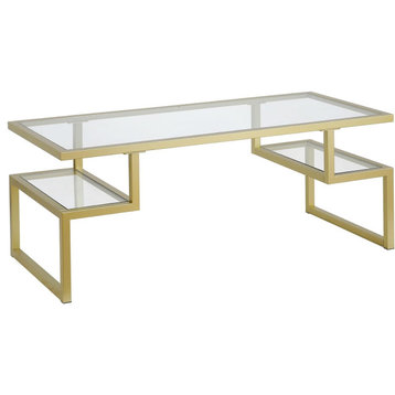 Contemporary Coffee Table, Geometric Golden Metal Frame With Tempered Glass Top