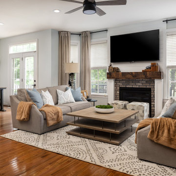 Kitchen and Sitting Room with Shiplap Hood Range and Fireplace