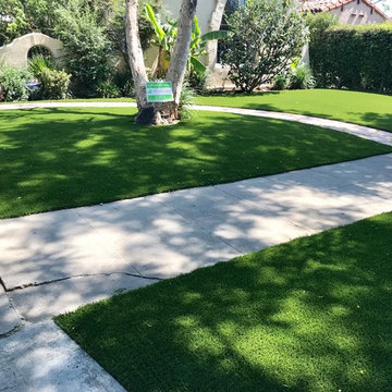 Frontyard artificial grass with flagstone walkway
