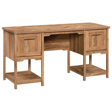 Rustic Desk, Herringbone Patterned Top With File Drawer and Lower Shelves, Mango