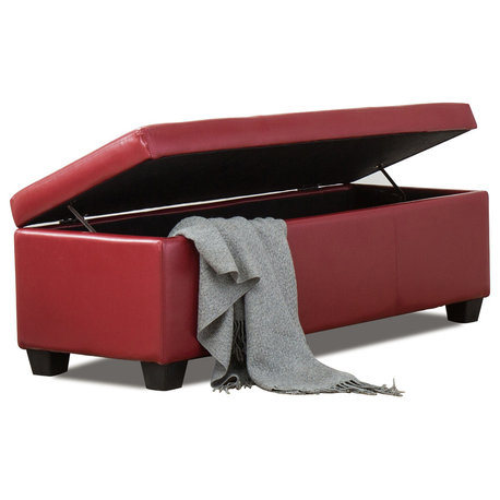 48" Elegant Leather/Linen Rectangular Storage Ottoman, Red