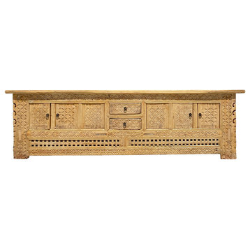 Oriental Vintage Xin Jiang Geometric Carving Rough Low TV Table Cabinet Hcs6123