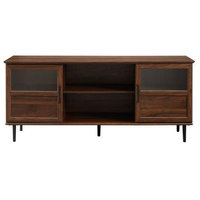 Walker Edison 58" Glass & Wood Split Panel Door TV Console-Dark Walnut