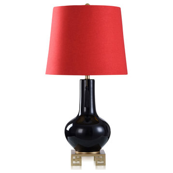 Dann Foley Lifestyle Glass and Metal Table Lamp Black and Gold, Red Shade