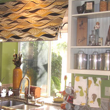 Indoor kitchen awning and open cabinet