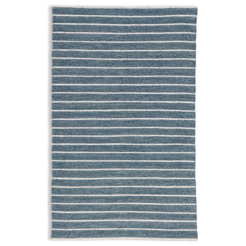 Hand Woven Blue & White Directional Striped Wool Rug by Tufty Home, Turquoise / Beige, 6x6 Square