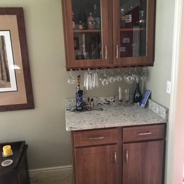 cabinet refacing--med maple with quartz countertops and glass backsplash