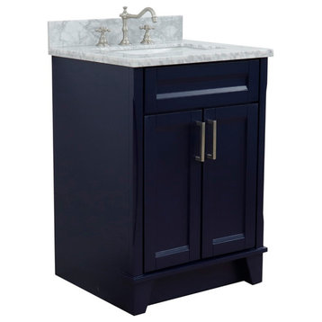 25" Single Sink Vanity, Blue Finish With White Carrara Marble