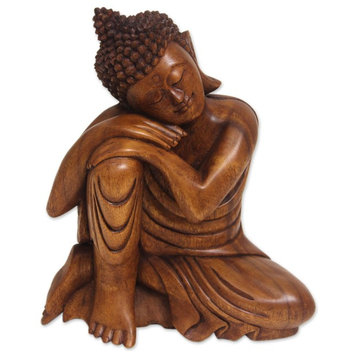 Wood Statuette, 'Relaxing Buddha', Indonesia