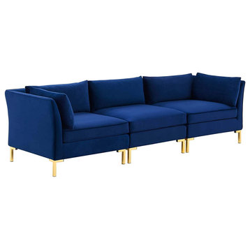Modern Large Sofa, Convertible Design With Golden Legs & Navy Velvet Fabric Seat