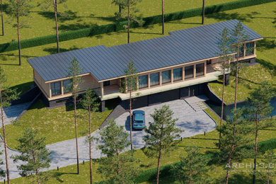 Große, Zweistöckige Moderne Holzfassade Haus mit Pultdach, Blechdach und schwarzem Dach in Sankt Petersburg