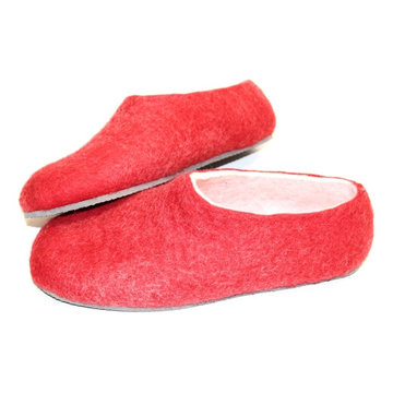 Womens Wool Felt Slippers Red White