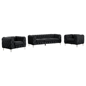 Rebekah 3 Piece Velvet Standard Foam Living Room Set 1sofa+2 Chairs, Black Velvet