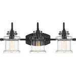 Quoizel - Quoizel Danbury Three Light Bath Fixture DNY8603EK - Three Light Bath Fixture from Danbury collection in Earth Black finish. Number of Bulbs 3. Max Wattage 100.00 . No bulbs included. Traditional in design yet transitional in execution, the Danbury collection features globes in seedy glass with a unique jar-like silhouette. The decoratively capped center rod supports gooseneck arms that secure the vintage-inspired globes with exposed latches. The versatility of the collection is further defined by its lustrous Polished Chrome, Brushed Nickel, or Earth Black finish. No UL Availability at this time.