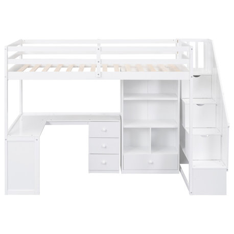 TATEUS Twin Size Loft Bed with L-Shaped Desk and Drawers, White