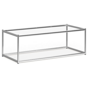 Unique Coffee Table, Elegant Finished Metal Frame and Glass Top, Silver/Clear