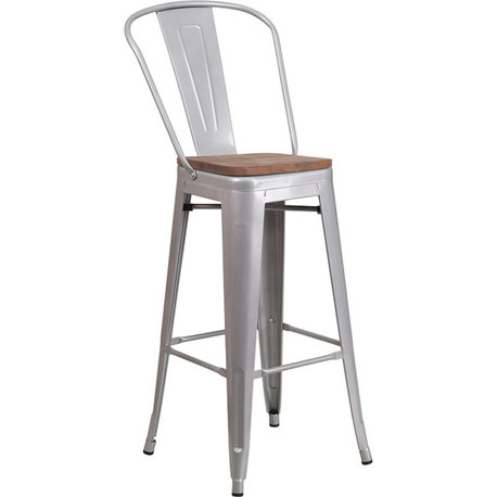 Flash Furniture 30" Silver Metal Barstool w/Back - CH-31320-30GB-SIL-WD-GG