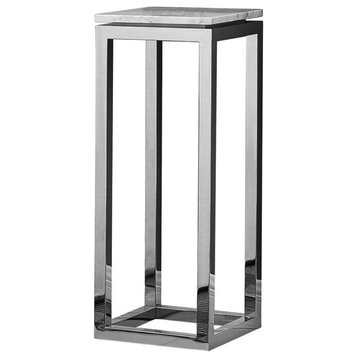 Romolo Pedestal, Polished Stainless Steel Frame, Natural Carrara White Marble