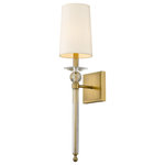 Z-Lite - Ava One Light Wall Sconce, Rubbed Brass - Capture the upscale elegance of a wall-mounted fixture that delivers ambient lighting as it updates the look of a bathroom bedroom or hallway. Made from rubbed brass finish steel and crystal and topped with a sleek white fabric shade this one-light wall sconce embellishes a classic design scheme with a traditional lamp motif and artistic crystal accents.