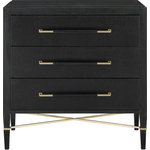 Currey & Company - Verona Chest - A sophisticated piece for a modern bedroom, the Verona Dresser is clad in black linen upholstery with complementary gold bar handles and cross stretchers. It has three wide drawers with French dovetail boxes and removable velvet liners. Use to add a little glamour to a neutral space.
