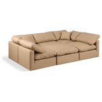 Meridian Furniture - Indulge Upholstered Modular U-Shaped Sectional, Tan, 6-Piece: 3 Armless Chair, 2 Corner Chair, 1 Ottoman, Fiber Stuffed Vegan Leather - Experience ultimate comfort and style with our tan vegan leather Indulge Sectional. The luxurious vegan leather will elevate the aesthetic of any room. This sofa provides ample space for you to relax while its modular build offers the option of unlimited configurations. Whether you're looking to add a stylish element to your living room or a comfortable seating option to your bedroom, this sofa is the perfect choice.