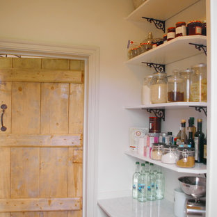 Свежая идея для дизайна: маленькая параллельная кухня в стиле кантри с кладовкой, фасадами с декоративным кантом, мраморной столешницей и полом из терракотовой плитки - отличное фото интерьера