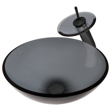 Nera Round Clear Slate Grey Glass Vessel Bath Sink Combo with Faucet and Drain, Matte Black