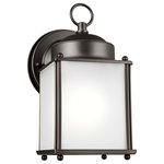 Generation Lighting Collection - New Castle 1-Light Outdoor Wall Lantern, Antique Bronze - The Sea Gull Lighting New Castle one light outdoor wall fixture in antique bronze enhances the beauty of your property, makes your home safer and more secure, and increases the number of pleasurable hours you spend outdoors. The petite proportions and transitional accents of the New Castle outdoor lighting collection by Sea Gull Lighting make these one-light outdoor wall lanterns a versatile selection for your home. Offered in White, Polished Brass, Antique Brushed Nickel, Antique Bronze and Black finishes, in either Satin Etched or Clear glass. Clear bulbs are recommended to use for the best aesthetics for the Clear glass fixtures. Both incandescent lamping and ENERGY STAR-qualified LED lamping options are available for those fixtures with the Satin Etched glass. And the Clear glass fixtures can easily convert to LED by purchasing LED replacement lamps sold separately.