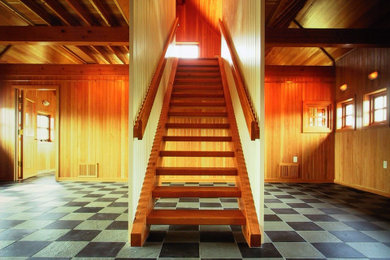 Staircase - mid-sized modern wooden straight open, wood railing and wall paneling staircase idea in Minneapolis