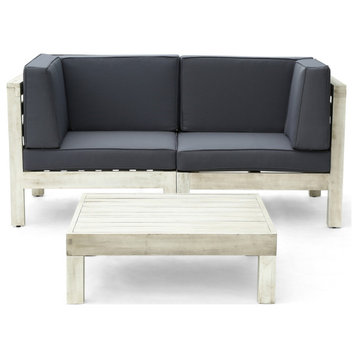 Eden Outdoor Modular Acacia Wood Loveseat and Table Set With Cushions, Weathered Gray/Dark Gray