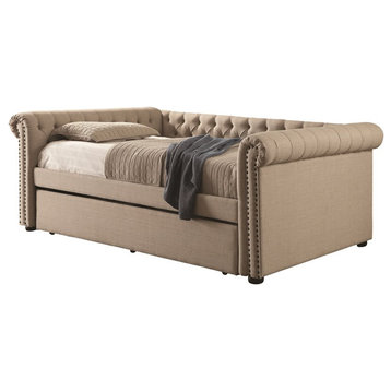 Bowery Hill Contemporary Fabric Tufted Queen Daybed with Trundle in Beige