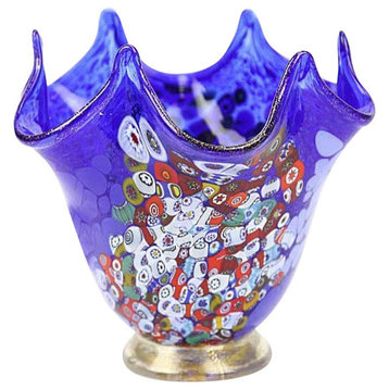 GlassOfVenice Murano Glass Millefiori Fazzoletto Vase - Blue