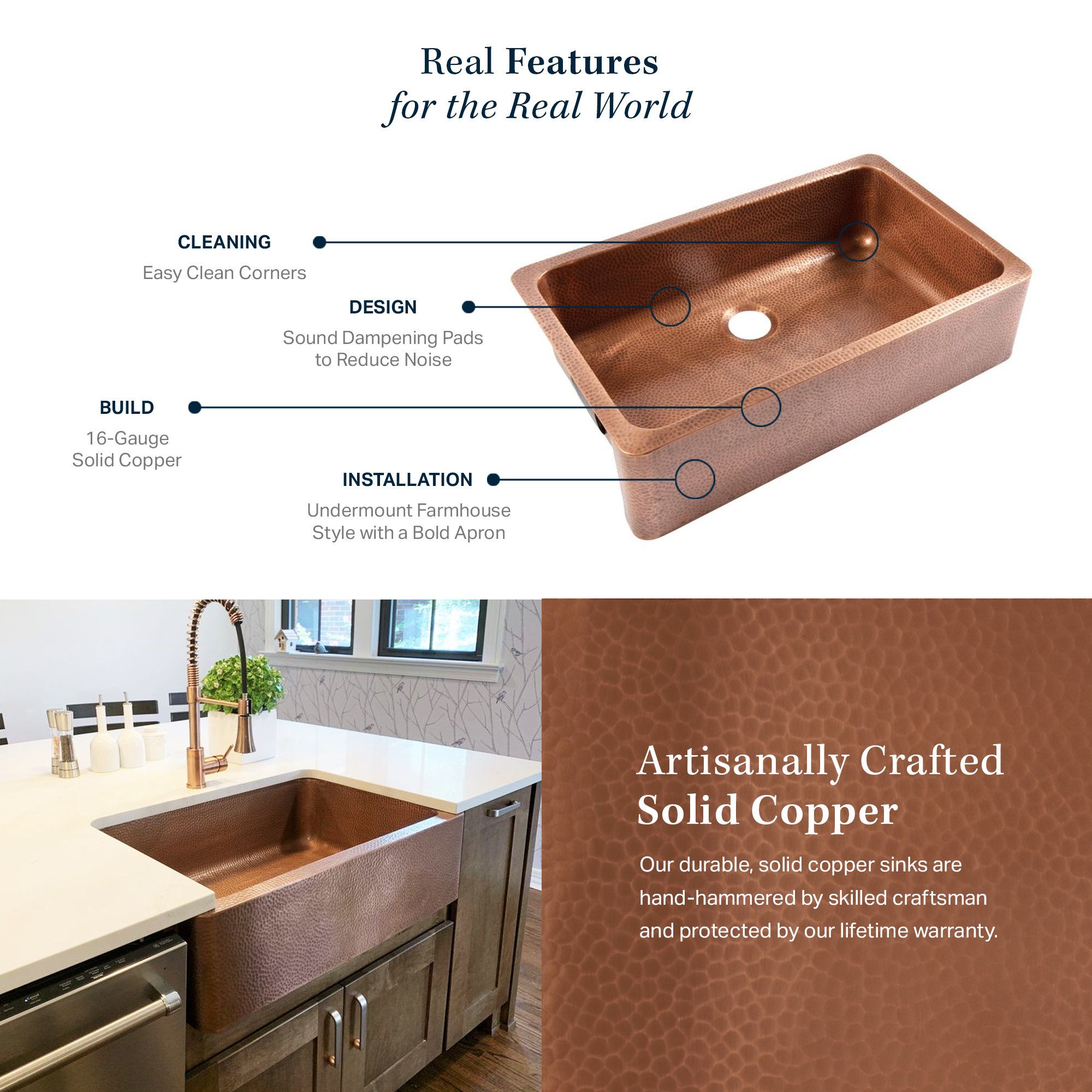 Adams Copper 36" Single Bowl Farmhouse Apron Front Undermount Kitchen Sink
