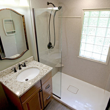 Small Bathroom Remodel with Cultured Marble Shower, Granite Countertops,