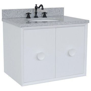 31" Single Wall Mount Vanity, White Finish With Gray Granite Top And Oval Sink