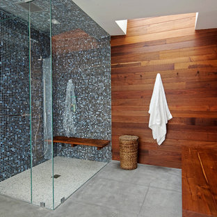 Idee per una grande stanza da bagno padronale moderna con doccia a filo pavimento, piastrelle blu, piastrelle a mosaico, pareti marroni, pavimento in cemento, pavimento grigio e porta doccia a battente