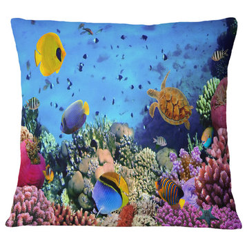 Coral Colony And Coral Fishes Seascape Throw Pillow, 18"x18"