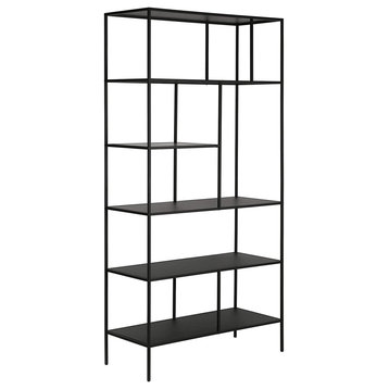 Modern Bookcase, Metal Construction With Multiple Shelves, Blackened Bronze