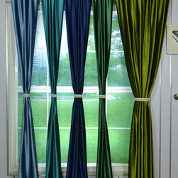 Hotham Green and Blue Plain Ready Made Velvet Curtains and Fabrics - Curtains