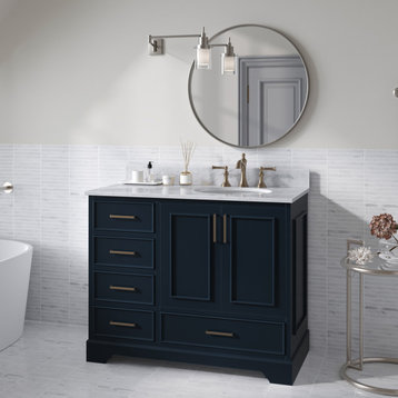 Ariel Stafford 43" Single Right Offset Oval Sink Bathroom Vanity, Midnight Blue, 0.75 Carrara Marble