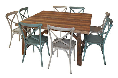 1.5m Square INDUSTRIAL TABLE with 8 CROSS-BACK CHAIRS