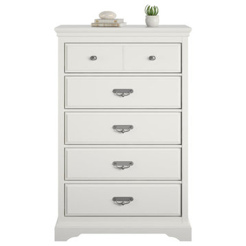 Transitional Tall Dresser, 5 Drawers With Unique Pulls & Crown Molded Top, White